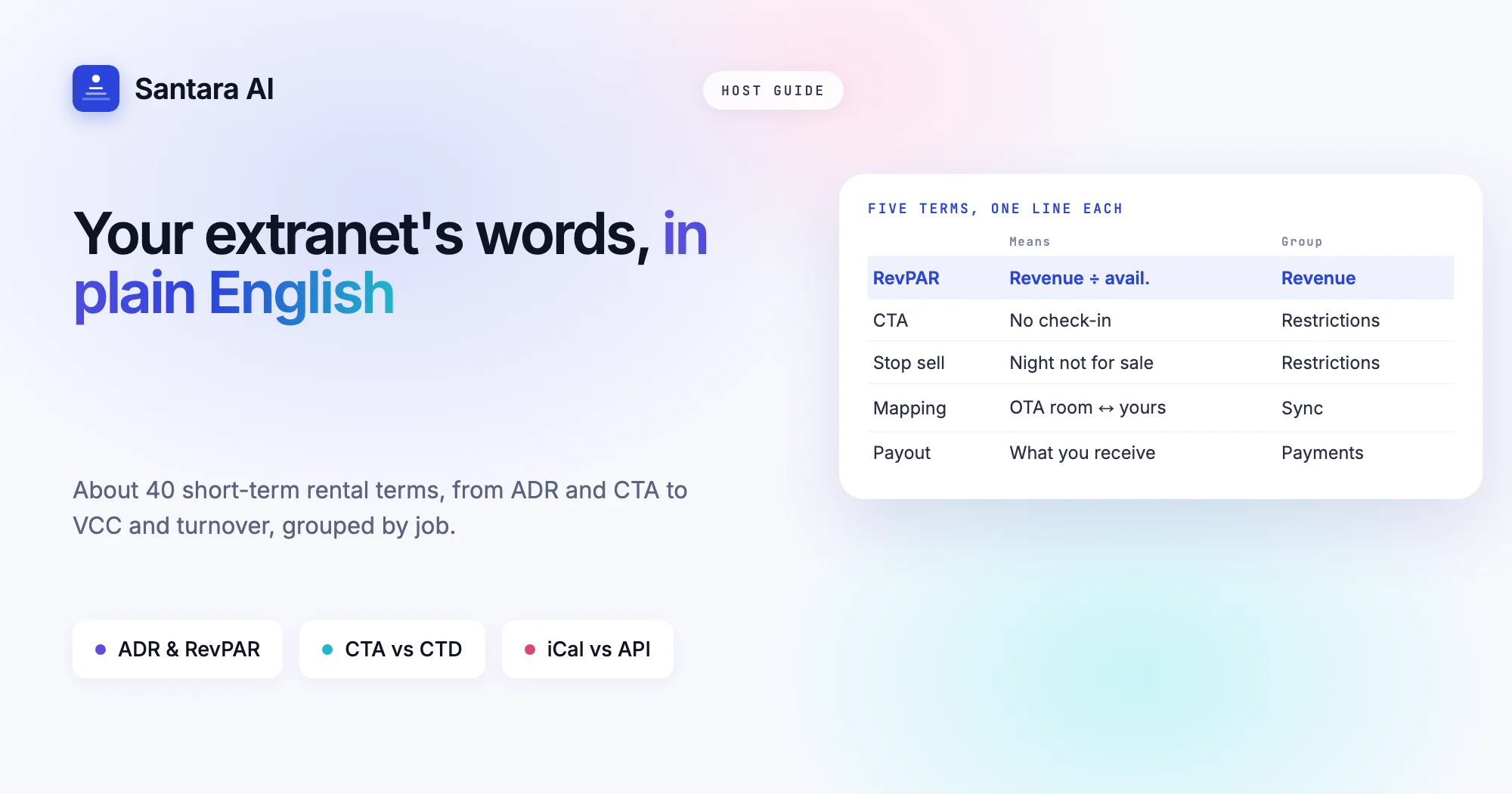 Cover of a short-term rental glossary listing terms such as RevPAR, closed to arrival, stop sell and mapping