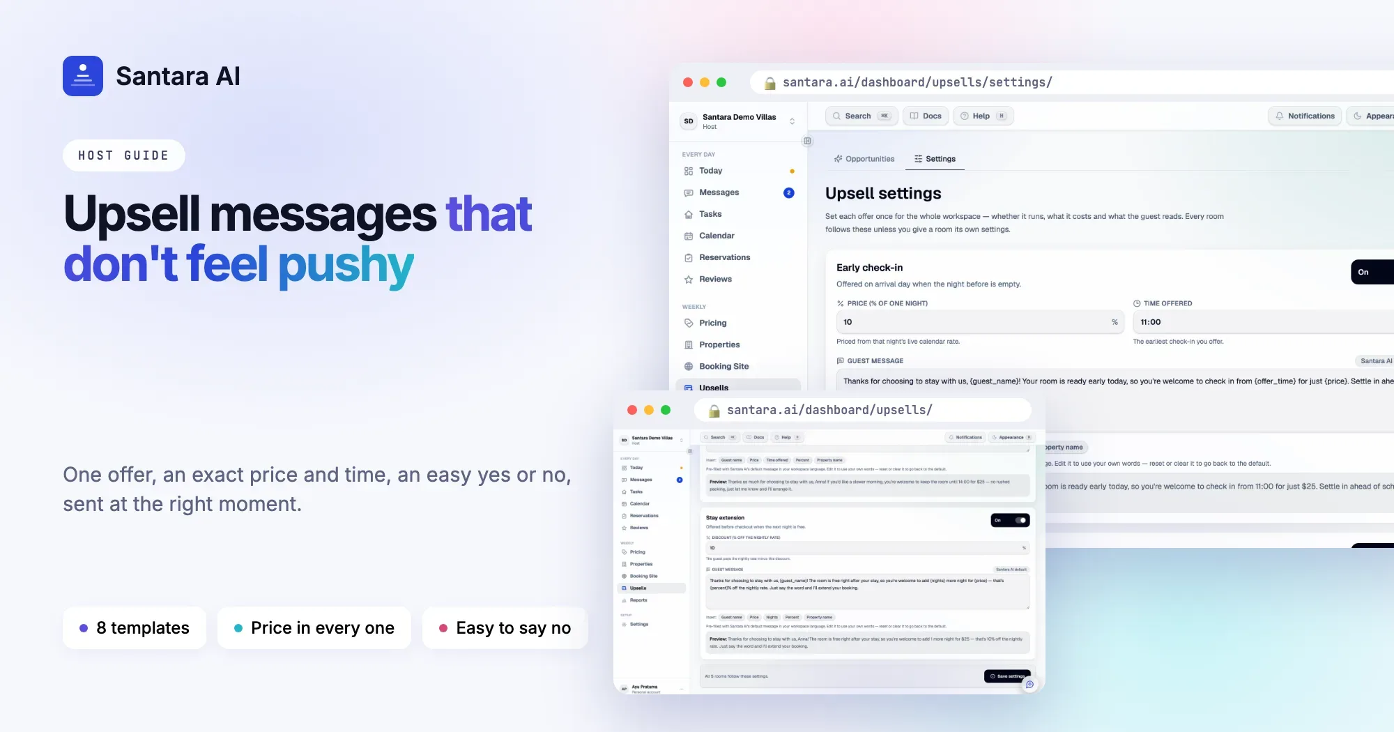 Early check-in settings in Santara AI Upsells with the guest message, insert chips and live preview