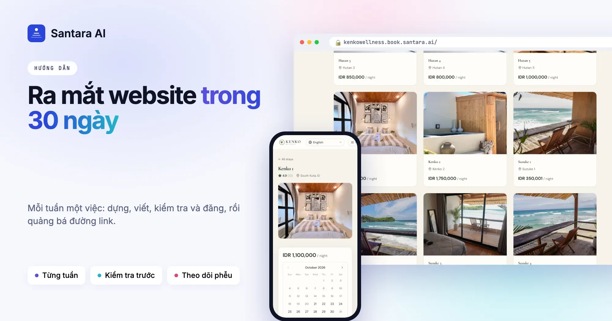 Website đặt phòng trực tiếp trên hai điện thoại, hiện trang chủ và trang villa