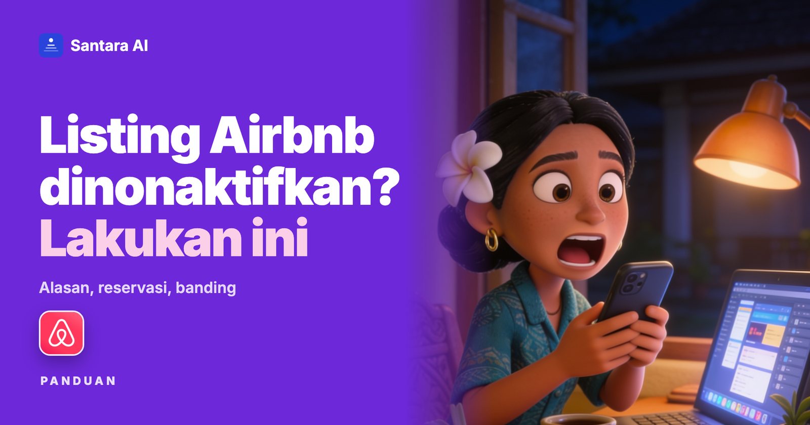 Ilustrasi host terpaku melihat ponselnya di malam hari, dengan logo Airbnb