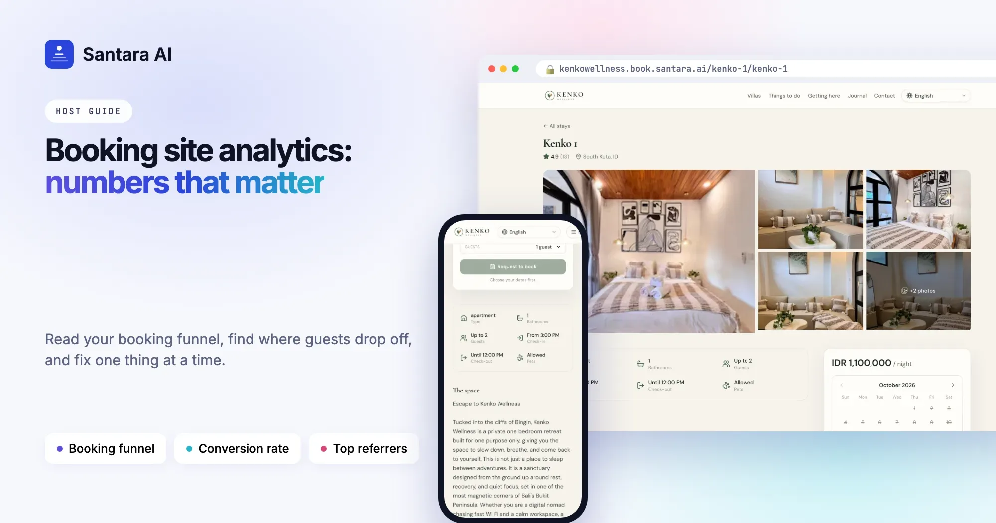Villa list with nightly prices next to a booking calendar on a direct booking website