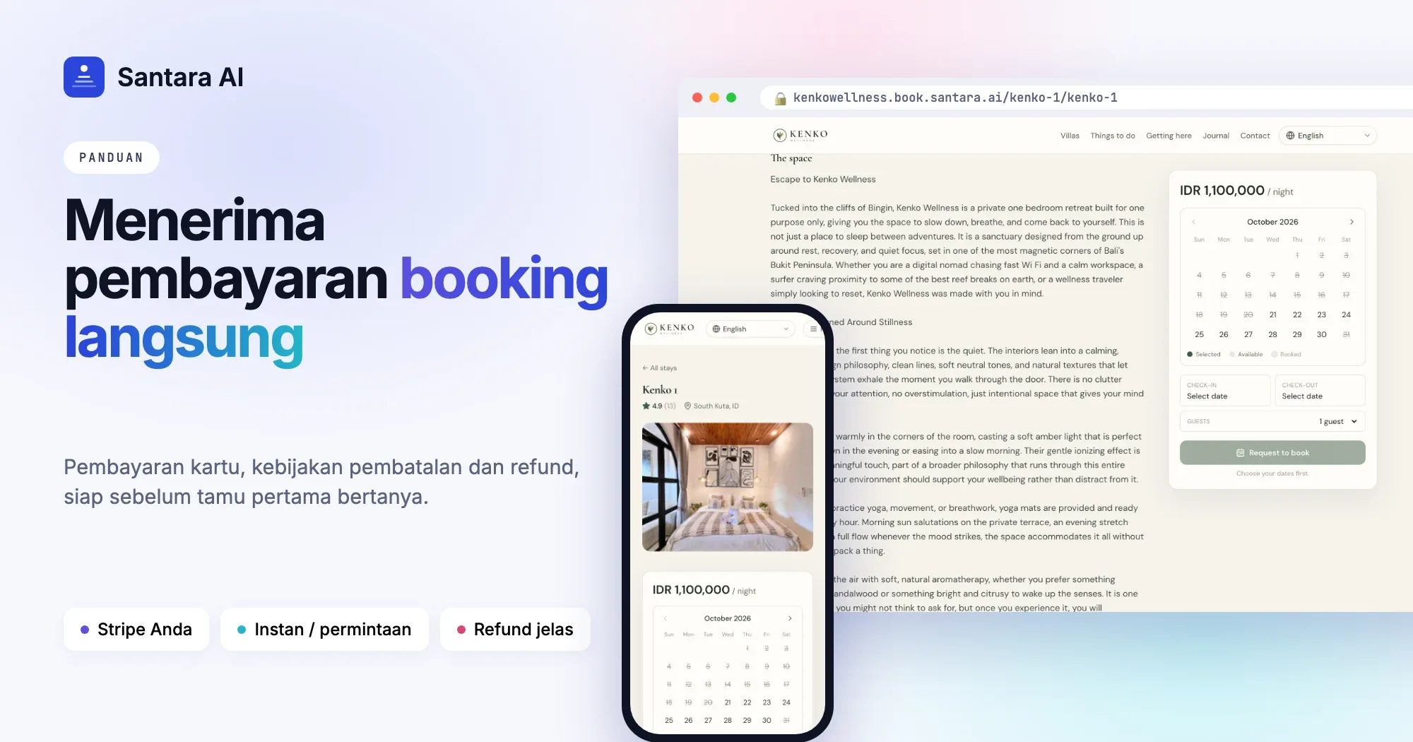 Sampul: menerima pembayaran booking langsung, menampilkan halaman villa dengan harga dan kalender di desktop dan ponsel