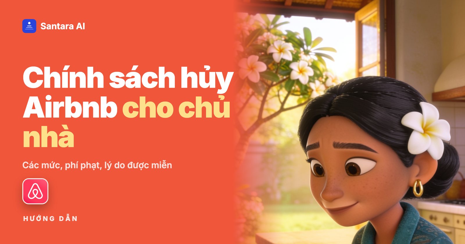 Minh họa chủ nhà lo lắng trong bếp, kèm logo Airbnb